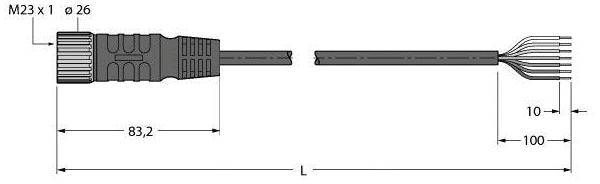 Technische Zeichnung eines M23 Steckers mit detaillierten Abmessungen: Gesamtlänge 83,2 mm, Durchmesser 26 mm, weitere Kabelmaße angegeben.