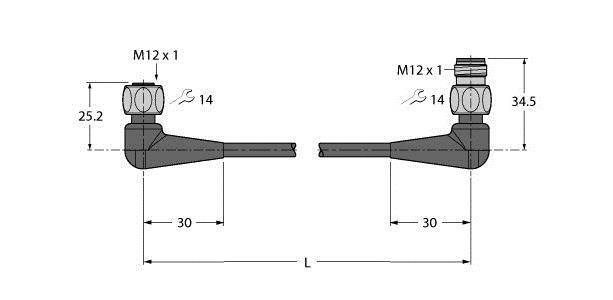 Technische Zeichnung eines Winkelfittings mit Maßangaben: Länge 30 mm, Gewinde M12 x 1, Höhe 25,2 mm und 34,5 mm.