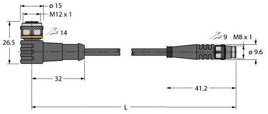 Technische Zeichnung eines Kabels mit zwei Steckverbindungen: links M12 x 1, rechts M8 x 1. Maße und Dimensionen sind angegeben.
