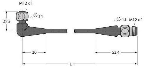 Technische Zeichnung eines Winkels mit zwei Ansichten. Maße: 25,2 mm hoch, 30 mm lang, M12 x 1 Innen- und Außengewinde.