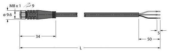 Technische Zeichnung eines runden Steckverbinders M8 x 1 mit Maßen: Durchmesser 9,6 mm, Länge 34 mm, Gesamtlänge L, Kabel mit Enden.