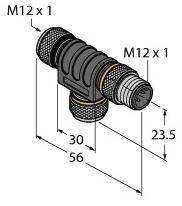Technische Zeichnung eines T-Stücks mit M12 x 1 Gewinden, Abmessungen: 56 mm Länge, 30 mm Breite, 23,5 mm Höhe.
