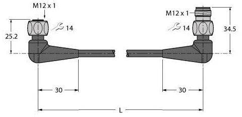 Technische Zeichnung von zwei Winkelsensoren mit Maßen: Höhe 25,2 mm, 34,5 mm, Länge 30 mm und M12x1-Gewinde.