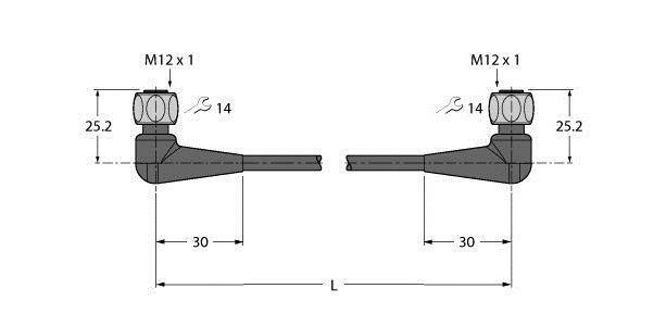 Technische Zeichnung von zwei identischen Metallverbindungen mit Gewinde M12 x 1. Maße: 25,2 mm hoch, jeweils 30 mm lang.