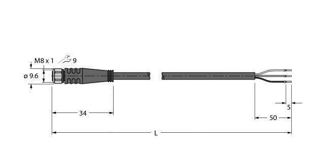Technische Zeichnung eines Steckers mit Abmessungen. Links: M8-Gewinde, Durchmesser 9,6 mm. Rechts: Kabel mit drei Leitern. Länge gekennzeichnet mit 'L'.