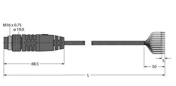Diagramm eines elektrischen Steckers mit einem Kabel, das in mehrere Drähte aufgeteilt ist. Maße: Stecker 68,5 mm, Gesamtlänge 'L', Drahtabstand 5 mm.
