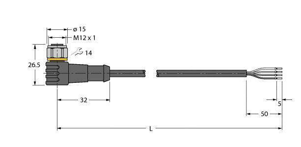 Technische Zeichnung eines M12-Steckers mit Abmessungen: Durchmesser 15 mm, Länge 32 mm, Gesamtlänge L, Kabelende 50 mm.