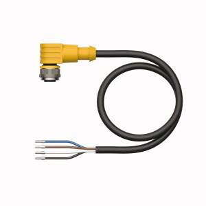 Gelbes Kabel mit einem Winkelstecker und vier freiliegenden Drähten: blau, weiß, braun, schwarz. Eignet sich für elektrische Anschlüsse.