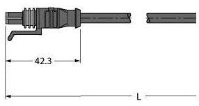 Technische Zeichnung eines Steckers mit Abmessungen. Links ist der Stecker mit einer angegebenen Länge von 42,3 mm, rechts ist ein Kabel.