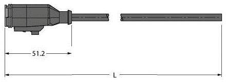 Technische Zeichnung eines zylindrischen Teils mit Länge von 51,2 mm auf der linken Seite und Gesamtlänge mit Variablen L markiert.