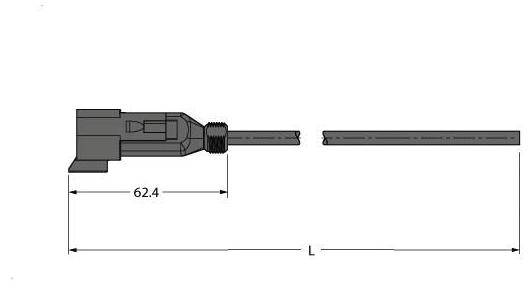 Technische Zeichnung eines zylindrischen Objekts mit Längenmaß 62,4 mm und einer verlängerten Achse.