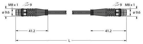 M8 x 1 Steckverbinder, Durchmesser 9,6 mm, Länge 41,2 mm auf jeder Seite, Kabel in der Mitte.