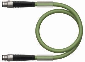 Grünes Koaxialkabel mit silbernen Steckverbindern an beiden Enden.