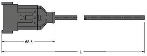 Flacher Steckverbinder mit Maßangaben: Breite 68,5 mm, Länge L nicht spezifiziert. Profil- und Detailansicht des Steckers.