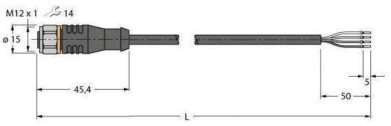 Technische Zeichnung eines M12-Steckverbinders. Beschriftet mit Maßeinheiten: Länge 45,4 mm, Abstand zwischen Anschlüssen 5 mm und Kabellänge 50 mm.