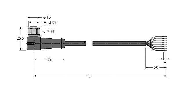 Technische Zeichnung eines Kabelsteckers mit Maßangaben: Durchmesser 15 mm, Länge 32 mm bis Steckeransatz, Kabellänge variabel, 50 mm Drahtende.