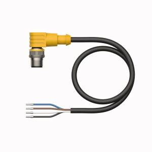 Ein gelbes, abgewinkeltes Kabel mit einem Steckerende und vier blanken Drähten auf der anderen Seite.