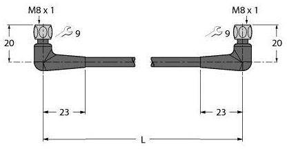 Technische Zeichnung: Zwei L-förmige Flachstecker mit M8 x 1 Gewinden, 20mm Höhe, 23mm Länge, mit Abstand 'L'.