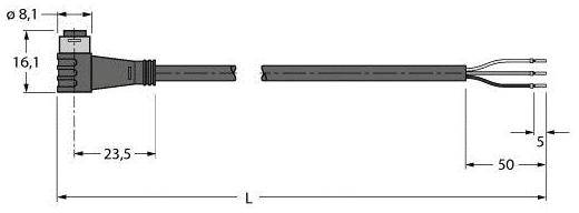 Technische Zeichnung eines Kabels mit Stecker, Länge L, Durchmesser 0,81 cm, Maße für Stecker und Drähte angegeben.