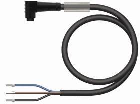 Ein Kabel mit einem rechteckigen Stecker auf der einen Seite und drei offenen Adern (blau, braun, schwarz) auf der anderen Seite.