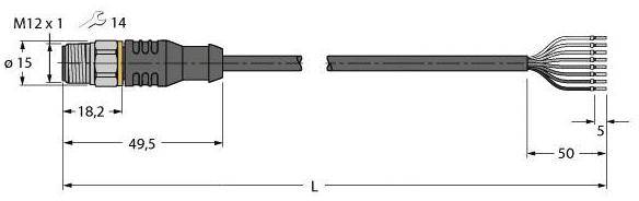 Steckverbinderdiagramm mit M12 x 1 Gewinde, 49,5 mm Länge; Kabel wird von 5 auf 50 mm aufgespleißt. Maße: Ø15, 18,2 mm Breite, L variable Länge.