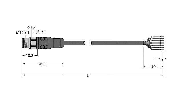 Technische Zeichnung eines M12 x 1 Steckers mit 8 Kabelenden. Maße: Gesamtlänge 49,5 mm, Kabelenden 50 mm. Schraubenschlüsselgröße 14.