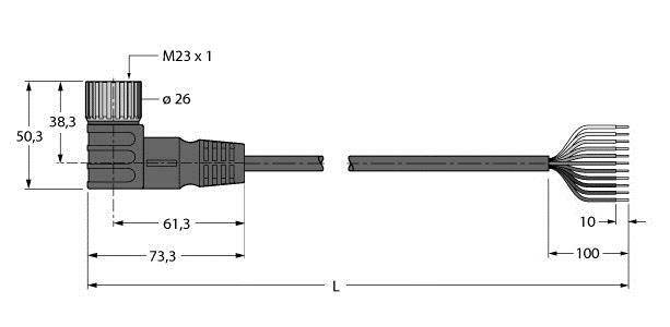 Technische Zeichnung eines M23 x 1 Steckers mit Maßen: Länge 73,3 mm, Breite 38,3 mm. Zeigt Details von Kabelanschlüssen und Spezifikationen.