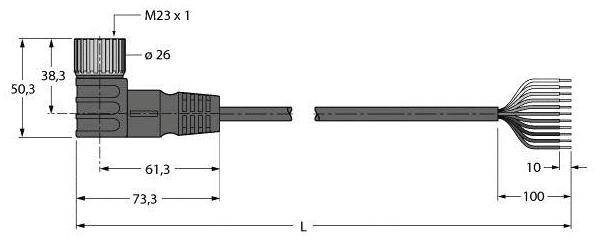 Technische Zeichnung eines M23-Steckers und Kabels, mit genauen Abmessungen in Millimetern für den Stecker, Kabel und die Adern.