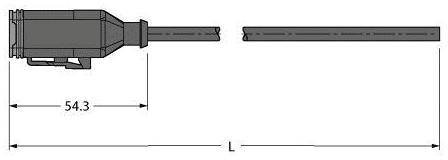 Technische Zeichnung: Seitenansicht eines Steckverbinders mit Länge 54,3 mm und Gesamtlänge L. Links der Stecker und rechts die Kabel.