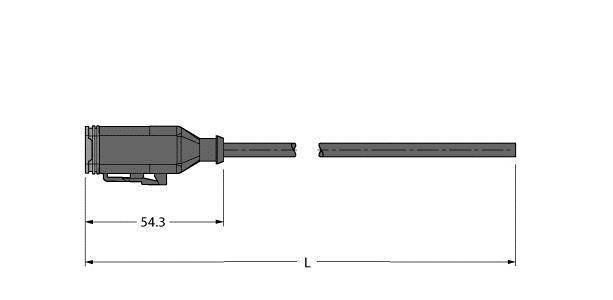 Diagramm einer technischen Schnittzeichnung eines Steckers und Kabels. Links ist die Steckeransicht, rechts das Kabel. Länge '54.3'.