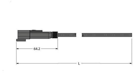 Technische Zeichnung eines Steckers mit Maßangaben. Breite: 64,2 mm. Die Länge 'L' ist markiert, aber nicht spezifiziert. Seitenansicht.
