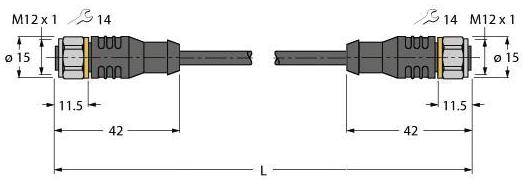 Steckerverbindung: Zwei M12-Stecker mit Schraubverbindungen, Durchmesser 15 mm, Länge 42 mm pro Seite, gesamte Länge L.