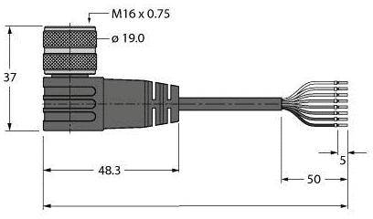Diagramm eines elektrischen Steckverbinders mit Maßen. Zeigt M16 x 0,75 Verschluss, Gesamtlänge von 48,3 mm und Durchmesser von 19 mm.