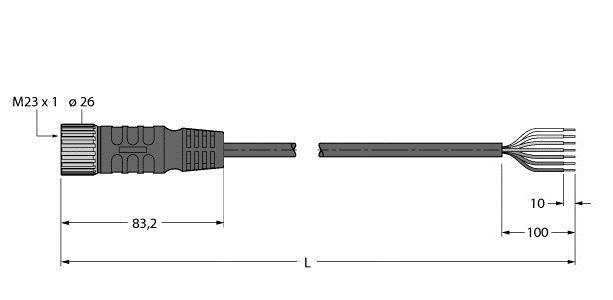Technische Zeichnung eines Steckverbinders mit Maßen. Links: M23 x 1, oben Ø 26. Rechts Kabel mit fünf Drähten. Länge 83,2 mm.