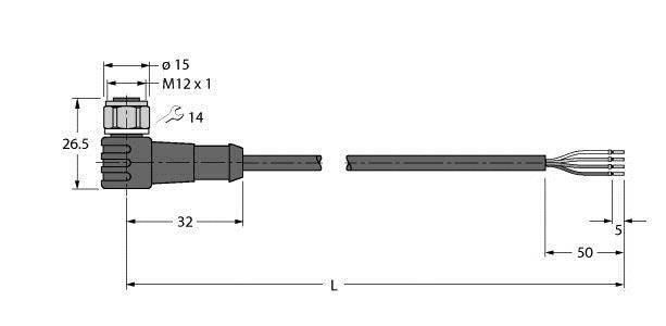 Technische Zeichnung eines Steckers mit Maßangaben: 15 mm Durchmesser, 32 mm Länge, M12 x 1 Gewinde. Kabel mit drei Drähten, 50 mm lang.