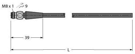 Diagramm eines Kabels mit M8 x 1-Stecker; Schlüsselweite 9. Länge 39 mm bis L. Zeigt technische Details der Kabelverbindung.