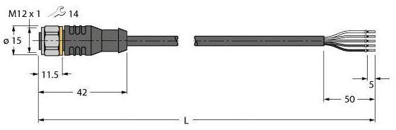 Technische Zeichnung eines M12-Steckers mit Abmessungen: Durchmesser 15 mm, Gesamtlänge 97 mm, Kabellänge 50 mm.