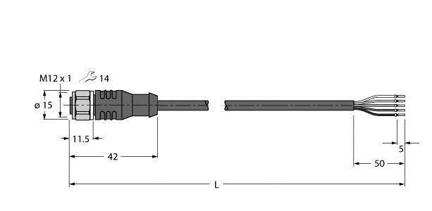 Steckerverbindungsdiagramm mit abnehmbaren Enden, M12 x 1 Gewinde, 15 mm Durchmesser, Maße für Anschluss und Kabellänge angegeben.