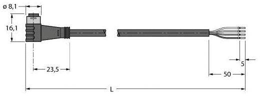 Diagramm eines Kabelsteckers mit Maßen: Durchmesser 0,8 mm, Länge des Steckers 23,5 mm, Gesamtlänge L, Drahtlänge 50 mm, Breite 5 mm.