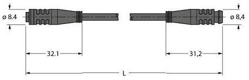 Zwei Kabelstecker gegenüberliegend mit einem Durchmesser von 8,4 mm und Längenangaben von 32,1 mm und 31,2 mm sind dargestellt.