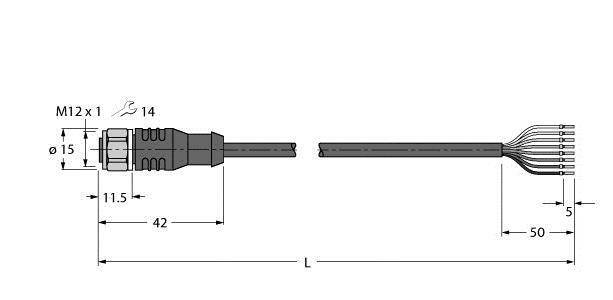 Technische Zeichnung eines M12-Steckers mit Abmessungen: Durchmesser 15 mm, Länge 42 mm, Kabel 50 mm lang.