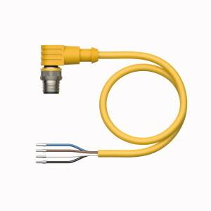 Gelbes, gewundenes Kabel mit einem Metallanschluss auf der einen Seite und vier freiliegenden Drähten auf der anderen Seite.