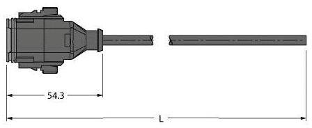 Technische Zeichnung eines Steckverbinders mit Kabel. Der Steckverbinder hat eine Breite von 54,3 mm. Das Kabel ist linear dargestellt.