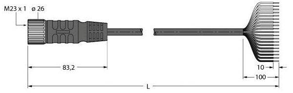 Technische Zeichnung eines Steckverbinders mit metrischen Maßen in Millimetern. Zeigt Längen von 83,2 mm und 100 mm, kennzeichnet M23 x 1.