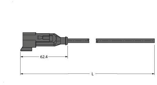 Technische Zeichnung eines Steckverbinders mit einer Gesamtlänge 'L'. Der Steckverbinder ist 62,4 mm lang.