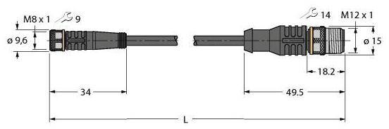 Technische Zeichnung von Kabelverbindungen. Links: M8 x 1 Stecker, Länge 34 mm. Rechts: M12 x 1 Stecker, Länge 49,5 mm.