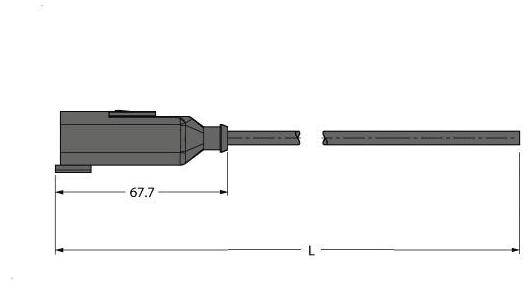 Technische Zeichnung eines Bauteils mit Längenangaben: 67,7 mm und 'L' als weitere Länge. Bauteil in Längsrichtung dargestellt.