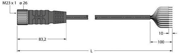 Technische Zeichnung eines Steckverbinders. Maße: Länge 83,2 mm, Durchmesser 26 mm. Kabel mit 10 Drähten, Länge 100 mm.