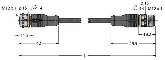 Diagramm eines Steckverbinders mit Maßen: Links 42 mm, rechts 49,5 mm. Durchmesserangaben sind 11,5 mm und 18,2 mm.