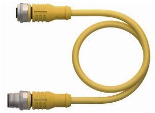 Ein gelbes Ethernet-Kabel mit zwei Steckern an den Enden, das in einer Schleife geformt ist.
